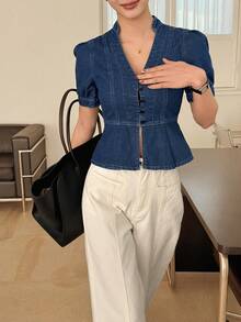 Women's V-Neck Short Sleeve Waist Cinched Casual Sexy Denim Blouse, Summer - Dark Wash - View 5