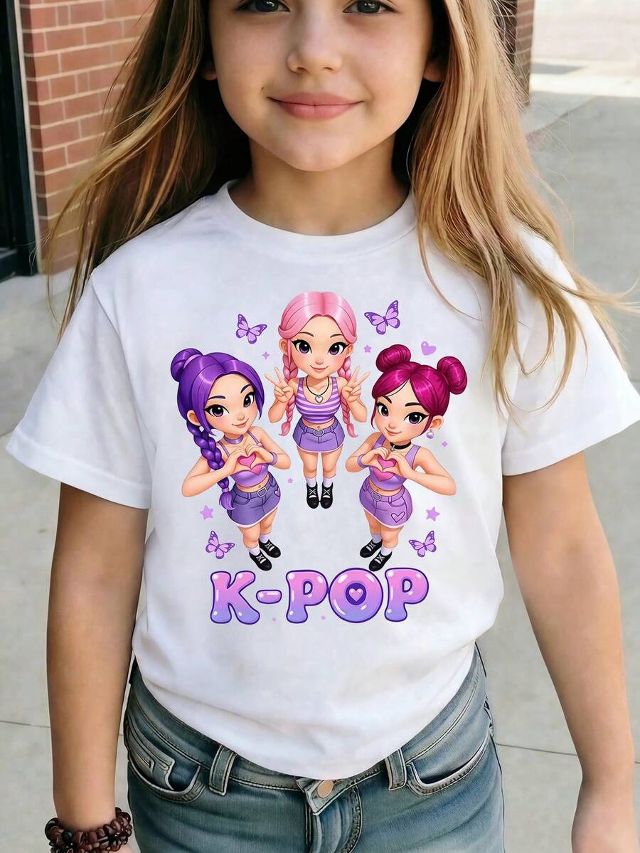 Young Girl Casual Cartoon Print Basic Short Sleeve T-Shirt, Summer - White - View 1