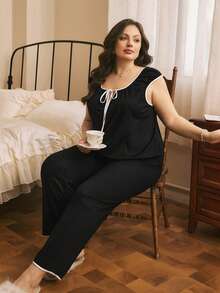 Côtesoire Plus Size Women's Black Notched Collar Contrast Polka Dot Print Decor Front Tie Faux Drawstring Design Soft Comfortable Milk Silk Fabric Hooded Long Pants, Cute Casual Loungewear Set Suitable For Everyday Wear - Black - View 6