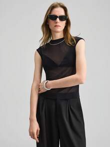 Women's Stand Collar Mesh Sheer Sexy T-Shirt For Dates & Outings,Summer Top - Black - View 5