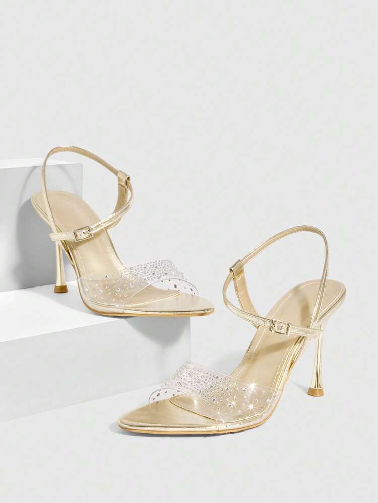 CUCCOO SZL Women Shoes Spring/Summer Pointed Stiletto Gold Transparent Rhinestone Sexy Fashion Gorgeous Back Ankle Strap With Skirt Banquet Party Nightclub Ladies High Heel Sandals Open-Toed Sandals Spring Shoes