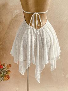 Soleia 女士花卉蕾丝不对称荷叶边下摆时尚露背连衣裙波西米亚风夏季服装女士夏季套装女士沙滩派对服装女士沙滩裙女士度假泳装罩衫 - 白色 - 查看 5