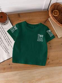 男童短袖圆领T恤，字母印花，橄榄绿，街头风，百搭春夏时尚单品 - 墨綠色 - 查看 5