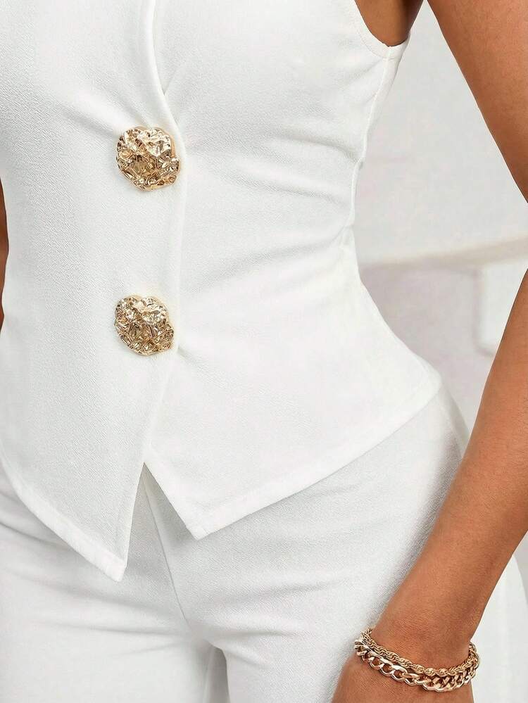 SHEIN Lady Ensemble 2 pièces à la mode pour femme, haut dos nu asymétrique à ourlet métallique et pantalon, style vacances - Blanc - Voir 7