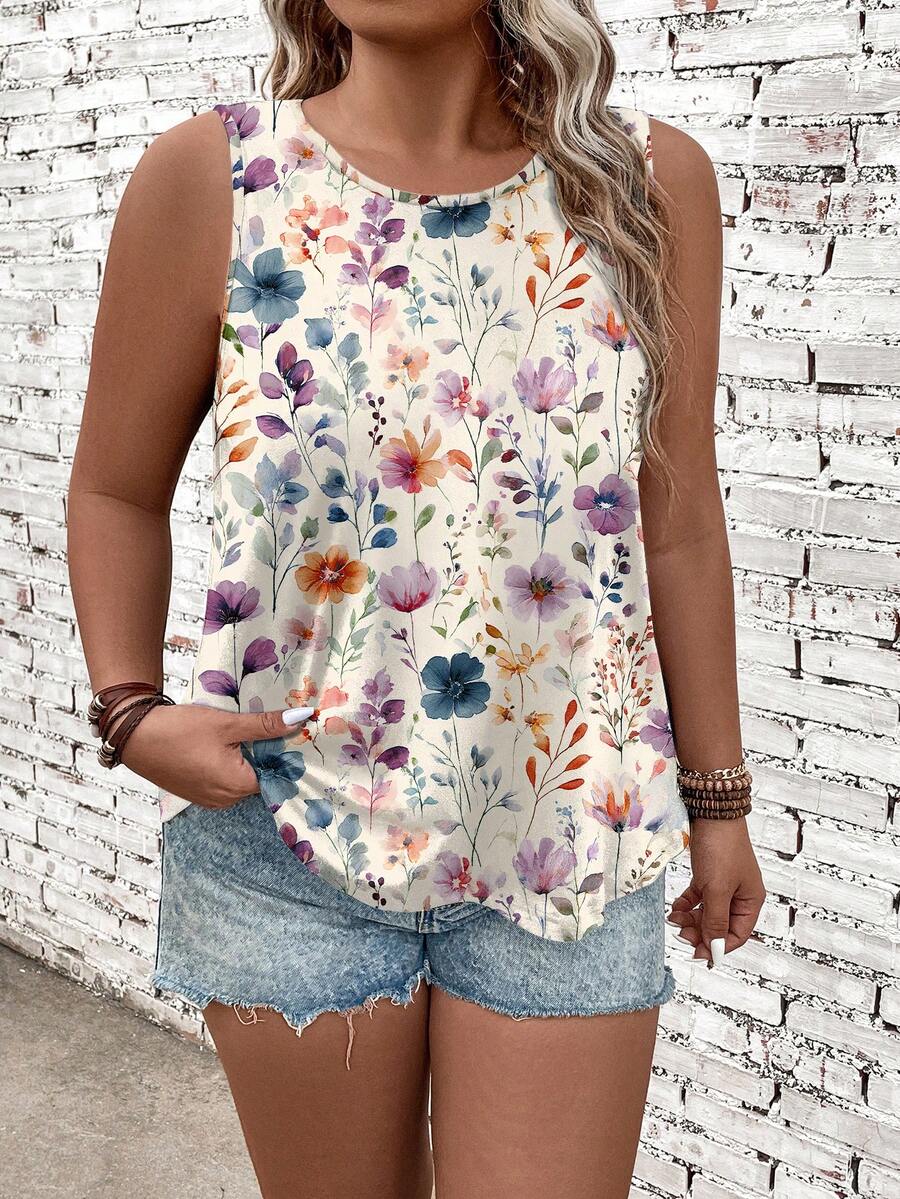 EMERY ROSE Camiseta de tirantes con cuello redondo y estampado floral romántico casual, talla grande para el verano - Multicolor - Ver 1