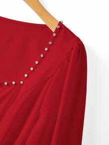 GlowEve CURVE Rhinestone Embellished Square Collar Cute Bow Plus Size Blouse - Red - View 4