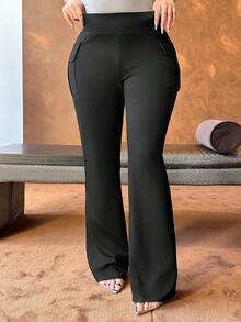 REIGN AVE Elastic Fitted Side Pocket Flared Leg Ankle Length Pants, Black, All Season - Black - View 5