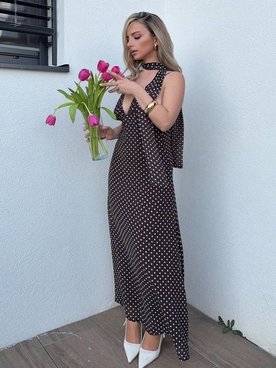 Jeta Ari 女士圆点印花露背吊带连衣裙 - 棕色 - 查看 1