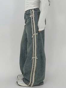 Dazy Plus 拼色蝴蝶结装饰宽松阔腿牛仔裤，休闲女式牛仔裤，四季皆宜 - 中等水洗藍 - 查看 9