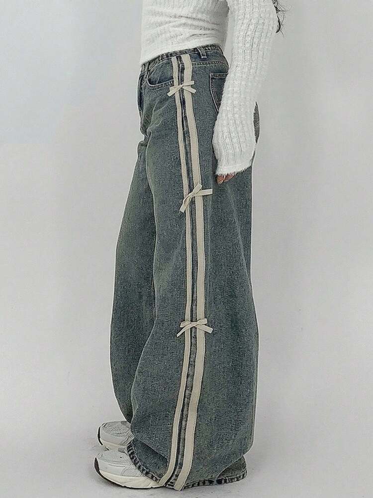 Dazy Plus Color Block Patchwork Ribbon Bow Decor Loose Wide Leg Jeans, Casual Women Denim Pants, All Season