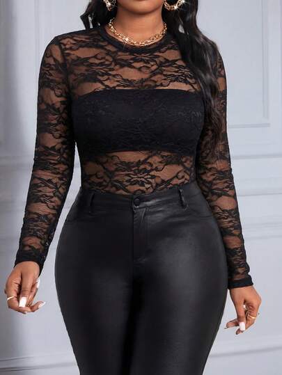 SHEIN Lady 春夏秋冬蕾丝黑色针织圆领长袖撞色网眼大码T恤 万圣节大码服装