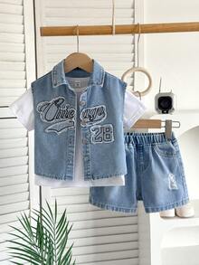 Bộ 2 món gồm áo ba lỗ và quần short denim màu xanh nhạt thêu chữ cho bé trai. - Rửa nhẹ - Xem 1