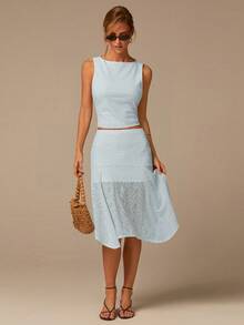 COSMINA Light Blue Summer Elegant Vacation Sleeveless Top And Skirt Set,Ladies'Suit,Pattern Knitted Elastic Jacquard Fabric,Valentine's Day Beach Daily Wear - Baby Blue - View 1
