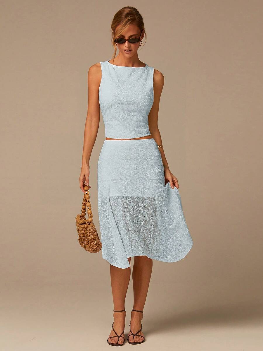 COSMINA Light Blue Summer Elegant Vacation Sleeveless Top And Skirt Set,Ladies'Suit,Pattern Knitted Elastic Jacquard Fabric,Valentine's Day Beach Daily Wear - Baby Blue - View 1