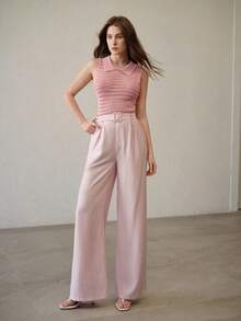 MOTF PREMIUM COLLAR HOLLOW OUT KNIT TOP - Pink - View 6