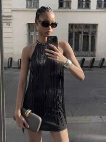 Maija Women's Tassel Neck Tie Fashionable Date Party Mini Dress - Black - View 6