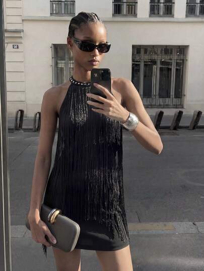 Maija Women's Tassel Neck Tie Fashionable Date Party Mini Dress