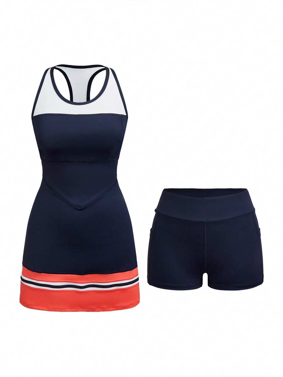 Cheerettes Vestido deportivo de mujer con espalda de tirantes de contraste y shorts - Azul - Ver 1