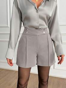 EURMUSE Women Solid Color Button Detailed Shorts - Beige - View 3