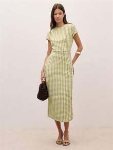 Nöista Summer Casual Plaid Side Button Slit Dress - Green - View 1