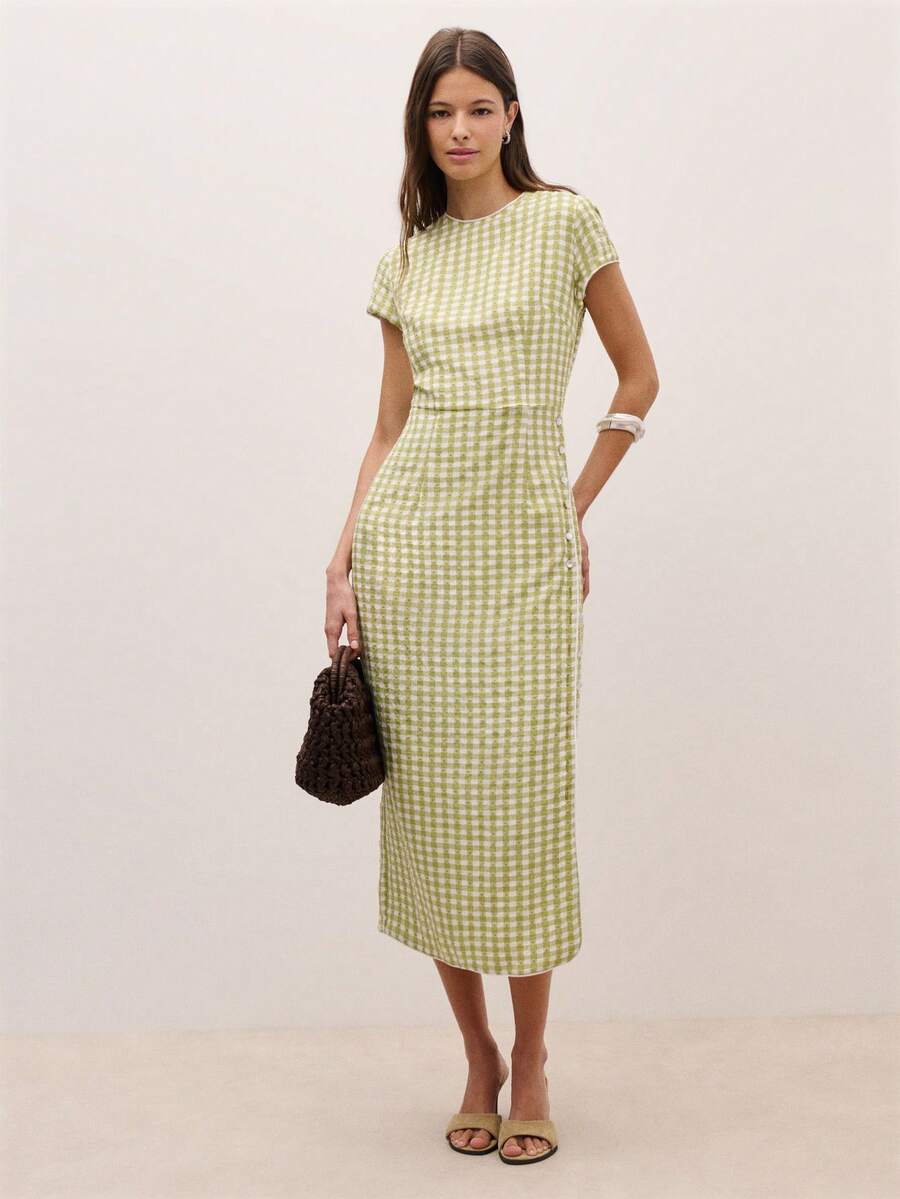 Nöista Summer Casual Plaid Side Button Slit Dress - Green - View 1