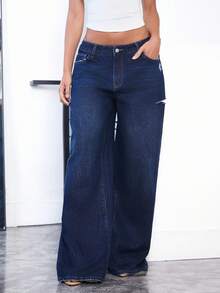 Denimoi 阔腿极简做旧牛仔裤 阔腿牛仔裤 男友风牛仔裤 时尚街头服饰 - 深色水洗藍 - 查看 3