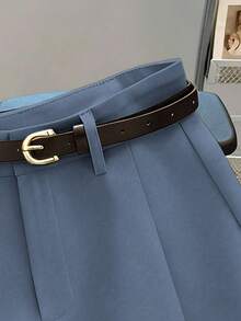Franclia 休闲通勤时尚百搭中高腰系带夏季新款纯色卡其色女式短裤 - 中等水洗藍 - 查看 5