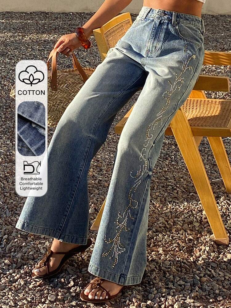 Women's Regular Mid-Waist Rhinestone Embellished Flare Jeans, Elegant Long Pants