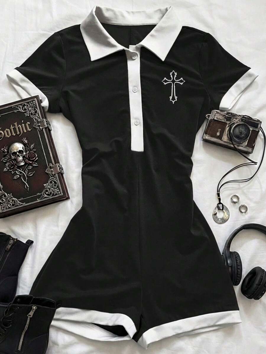 Attitoon 女士复古交叉图案撞色高领连体裤 - Y2K 复古街头风，朋克哥特风，完美适用于春夏返校、嘻哈、夜店、健身房、运动和西部音乐节 - 黑色 - 查看 1