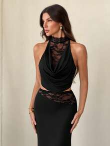 SHEIN Tall Conjunto de 2 piezas de vestido de punto negro con encaje en contraste para mujer, conjunto de 2 piezas negro, primavera/verano - Negro - Ver 7