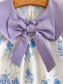 Young Girl Bowknot Floral Pattern Cute Dress - Multicolor - View 6