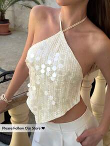 Aloruh 女士性感亮片露背吊带上衣，夏季夏季服装，夏季沙滩装，女士沙滩度假装，波西米亚热带度假装，演唱会服装，锐舞派对服装，音乐节乡村音乐会服装，伊比沙岛服装，纳什维尔服装，西部牛仔女装，西部波西米亚街头风，热带辣妹西部牛仔女装，可爱夏季上衣 - 杏色 - 查看 3