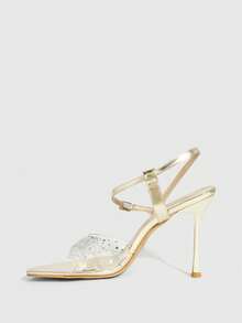 CUCCOO SZL Women Shoes Spring/Summer Pointed Stiletto Gold Transparent Rhinestone Sexy Fashion Gorgeous Back Ankle Strap With Skirt Banquet Party Nightclub Ladies High Heel Sandals Open-Toed Sandals Spring Shoes - Gold - View 9