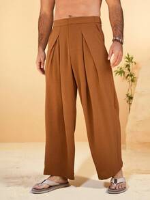 VENTUSAIL Men's Embroidered Brown Pleated Elegant Casual Pants, Suitable For Spring And Summer Brown Pants High Waisted Pants Wide Leg Pants Pleated Pants Men's Pants Baggy Pants Boho Pants Men Linen Pants Summer Pants Old Money,Daily Leisure, Weekend Trips, Outdoor Activities, Travel Expeditions, Relaxed Work Environments Or Semi-Formal Occasions, Boyfriend/Husband Gift, Anniversary /Birthday Gift Party Summer Vacation Holiday,Wedding,Spring To Summer Men Cruise Outfit Yacht Outfit Men Men Beach Outfit - Rust Brown - View 5