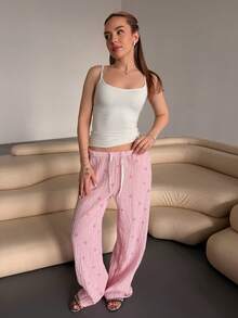 Katetique 优雅低腰性感舒适长裤，蝴蝶结条纹印花百搭长裤 - 粉色 - 查看 6