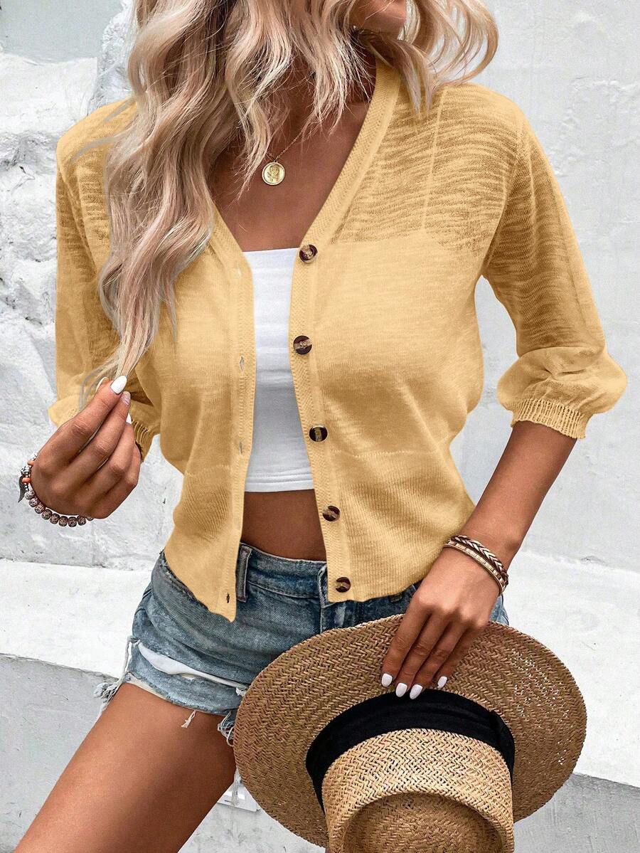 SHEIN PariChic 女士纯色单排扣休闲百搭日常薄款开衫 - 卡其色 - 查看 1