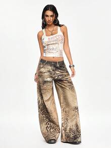 ROMWE Grunge Punk Jeans anchos y sueltos con estampado de leopardo en degradado vintage - Multicolor - Ver 7