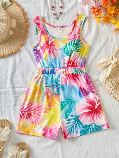 Sparklyn Tie-Dye Jumpsuit For Teenage Girls, A Summer Energetic Piece! The Gradient Tie-Dye Print Brings A Youthful Vibe, The Round Neck And Waist Design Is Both Comfortable And Flattering, The Loose Shorts Cut Feels Breezy And Not Stuffy. Whether Paired With Sneakers For Outings Or Sports Shoes For Workouts, It Easily Captures The Casual Chic Of A Vibrant Young Lady. A Standout Choice For Spring/Summer Trips And Daily Wear.