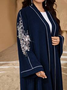 Al Najma Plus Size Casual Solid Color Pearl Applique Long Sleeve Cardigan, Regular Fit For Spring & Autumn - Navy Blue - View 1