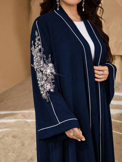 Al Najma Áo khoác cardigan tay dài màu trơn dáng rộng, chất liệu vải trơn, đính ngọc trai, thích hợp cho mùa xuân và mùa thu.