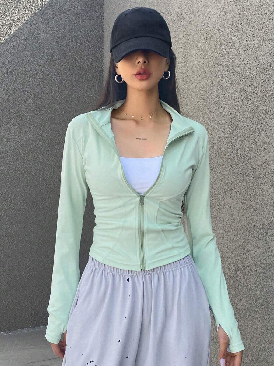 DAZY Women's Solid Color Zipper Front Waist-Cinched Jacket - Mint Green - View 1