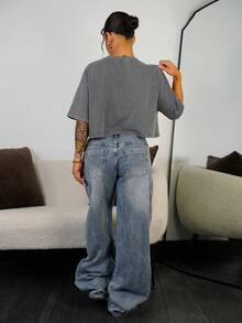 SAYEHFBABY Quần jeans ống loe kẻ sọc tương phản dành cho nữ - Màu xanh lam - Xem 2