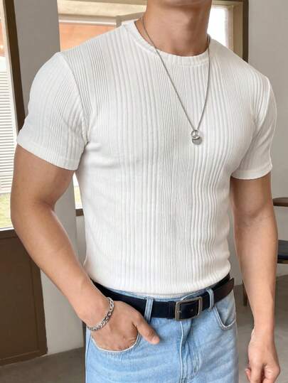 SWAVVY Men's Casual Solid Color Ribbed Crew Neck Short Sleeve T-Shirt, Summer