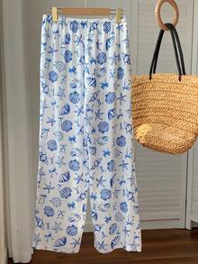 Comfortcana Women's Allover Print Drawstring Waist Casual Vacation Everyday Wide Leg Pants - Multicolor - View 2