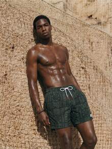 ZELFYO Pantalones cortos de playa para hombre con estampado de palmeras, cintura con cordón y bolsillos - Negro - Ver 3