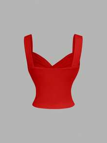 SHEIN MOD 女士纯色时尚褶皱针织吊带衫 - 紅色 - 查看 2
