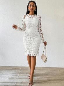 SHEIN Lady 四季婚礼宾客礼服优雅派对粉色蕾丝圆领连衣裙女士 - 白色 - 查看 6