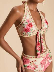 Travachic Bộ bikini gợi cảm buộc dây phía trước, họa tiết hoa, dành cho nữ, thích hợp mặc đi biển mùa hè. - Nhiều màu - Xem 4