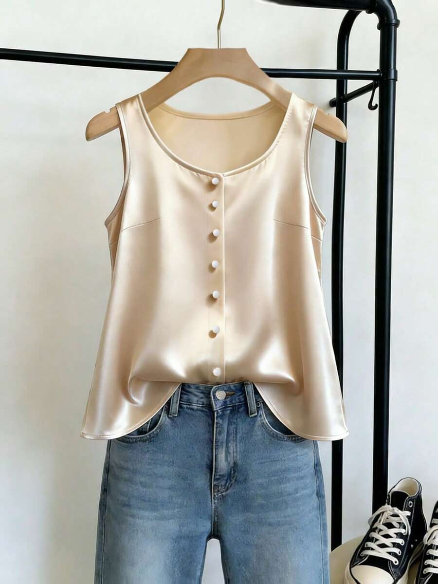 Franclia 女士香槟色纽扣休闲上衣,适合通勤、日常穿着、度假、派对、下午茶等场合,圆领宽松版型,春夏款真丝上衣,女士真丝上衣连衣裙,女士缎面上衣,缎面衬衫,真丝衬衫,纽扣上衣,女士背心,女士吊带背心,女士夏季上衣,女士上衣和衬衫,职业衬衫,纽扣吊带背心,金色纽扣上衣,女士休闲现代纽扣上衣,女士夏季上衣 - 香檳色 - 查看 1