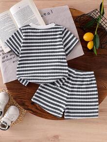 SHEIN 2pcs Toddler Infant Baby Boys Fashion Black & White Striped Waffle Knit Fabric Pocket Round Neck Short Sleeve T-Shirt And Black Elastic Waist Shorts Set, Summer Baby Summer Outfit Boy Baby Boy Summer Clothes Toddler Summer Outfits Baby Boy Striped Outfit Matching Striped Set Two Piece Summer Sets Toddler Set Stripe Set - Black and White - View 2